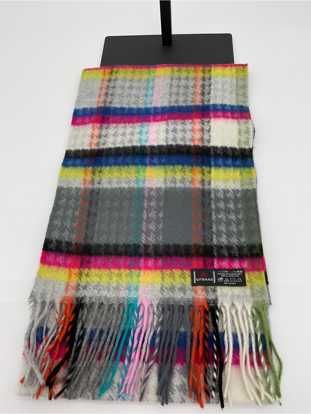 V. Fraas Multicolor Plaid Fringe Scarf - Gray, Pink, Yellow